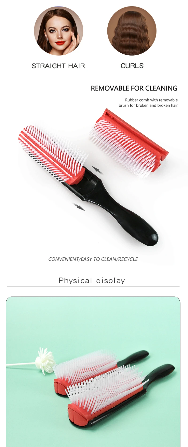 Hair 9rows Detangling Hair Brush Denman Detangler Hairbrush Scalp