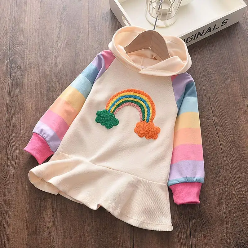 Keelorn Girls Dress 2021 Kids Autumn Brand Clothes Long Sleeve Rainbow Pattern Baby Party for 2-7 Years Vestido | Детская одежда и