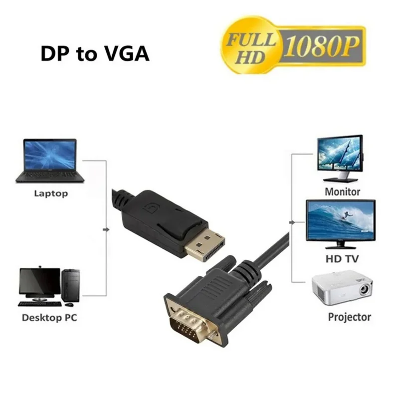 수-수 디스플레이 포트 VGA 연결 어댑터, HDTV PC 노트북 프로젝터용, 1080P 디스플레이 포트 DP-VGA 1.8m 케이블