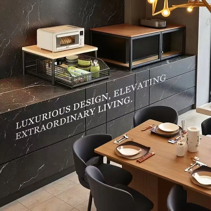 1pc Metal & Wood Microwave Oven Rack with Pull-Out Drawer – Multi-Layer Countertop Organizer for Coffee Makers, Tableware