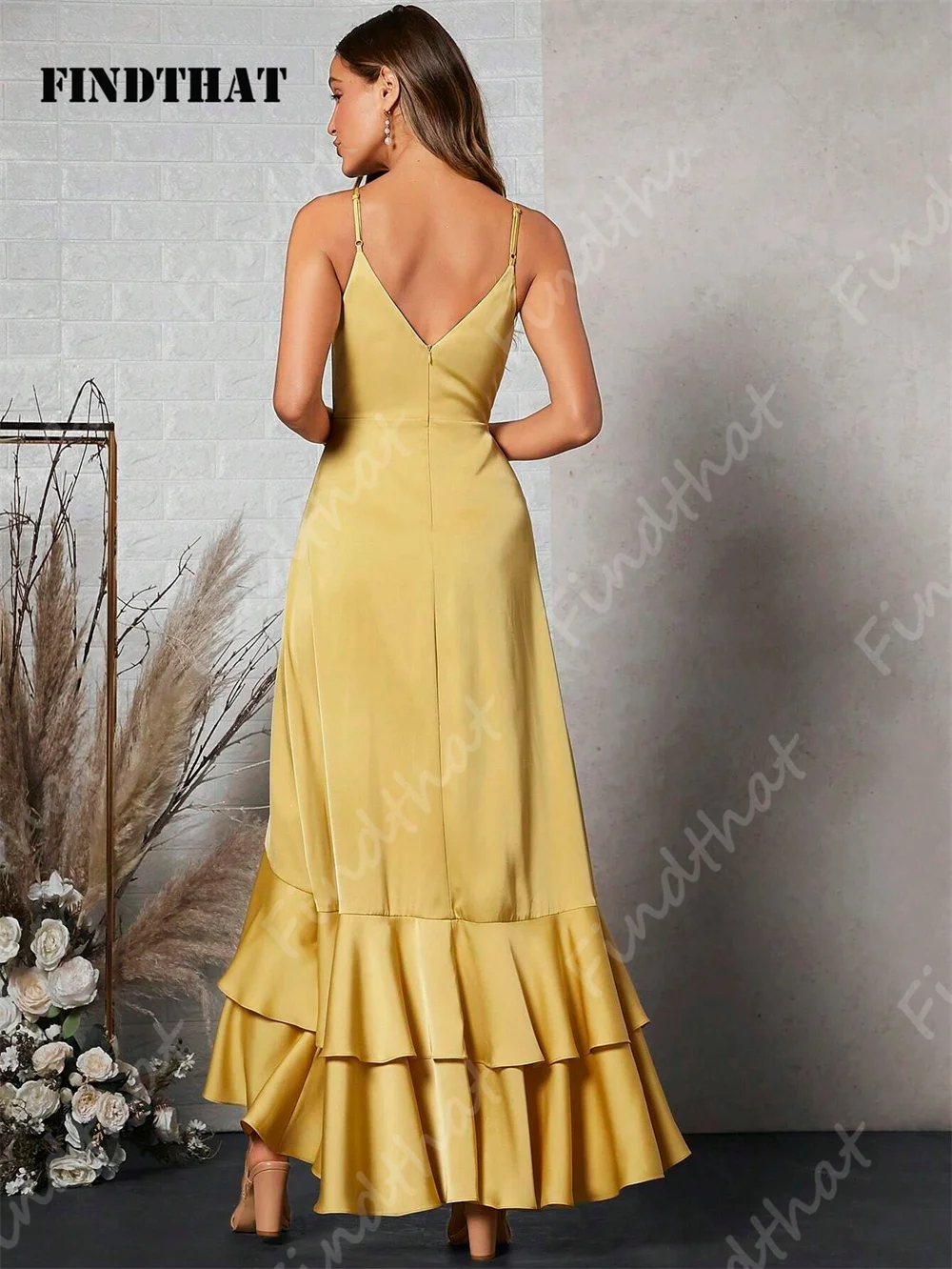 Findthat Elegant V-Neck Spaghetti-Straps Ruffles Trim Bridesmaid Dress Wedding Evening Formal Gowns Vestidos De Fiesta