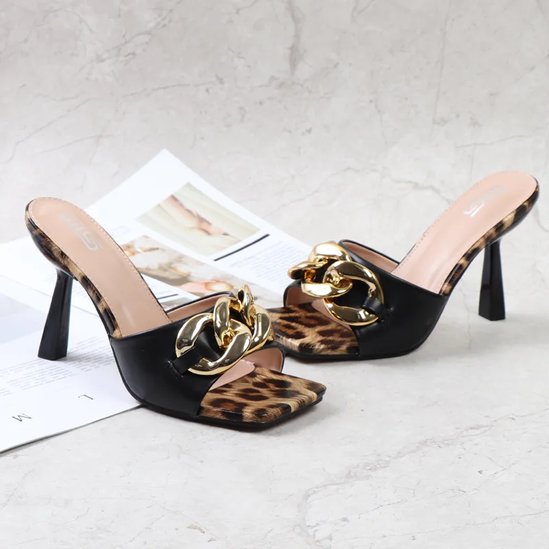 Women's Slippers 2022 Summer New PU Square Toe Chain Decorative High Heel Shoes Thin Heel Fashion Outer Women's Modern Slippers