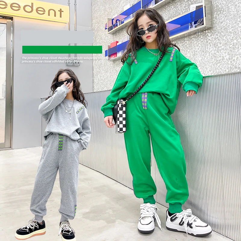 8 10 years Girls Green Sports Suits 2 pieces Sweatshirt Jogger Pants Spring  Fall Teen Girls Clothes Set