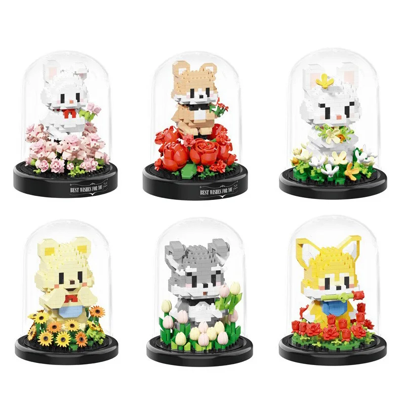 Flower Bouquet Building Blocks Animal Set Dust Cover Bonsai Cute Animal Bear Bunny Dog Model Kids Romantic Gift for Girls