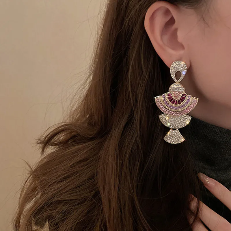 Drop Earrings Dangle Earrings Crystal Earrings Geometric Earrings Vintage Baroque Style Geometric Drop Earrings Women Pink Zircon Crystal Sector Dangle Earrings Banquet Jewelry Accessories