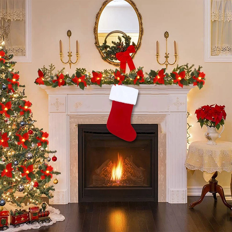 2M10LED Weihnachtsgirlande Beleuchtungsschnüre Künstliche rote Blumen Stechpalmenblätter für Zuhause 2024 Weihnachtsschmuck Neujahrsgeschenke 2025_voghion.com