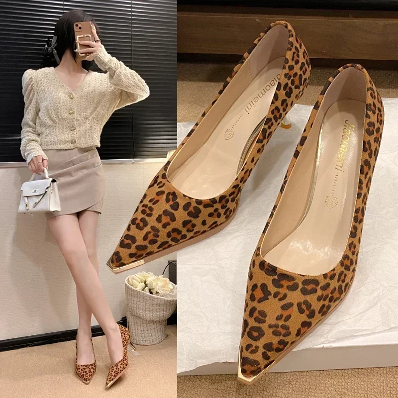 2025 Women's Leopard Print Sexy High Heels Metal Toe Pointed Tip Thin Heels Shallow Mouth Luxury Shoes Leisure Banquet Workplace 3