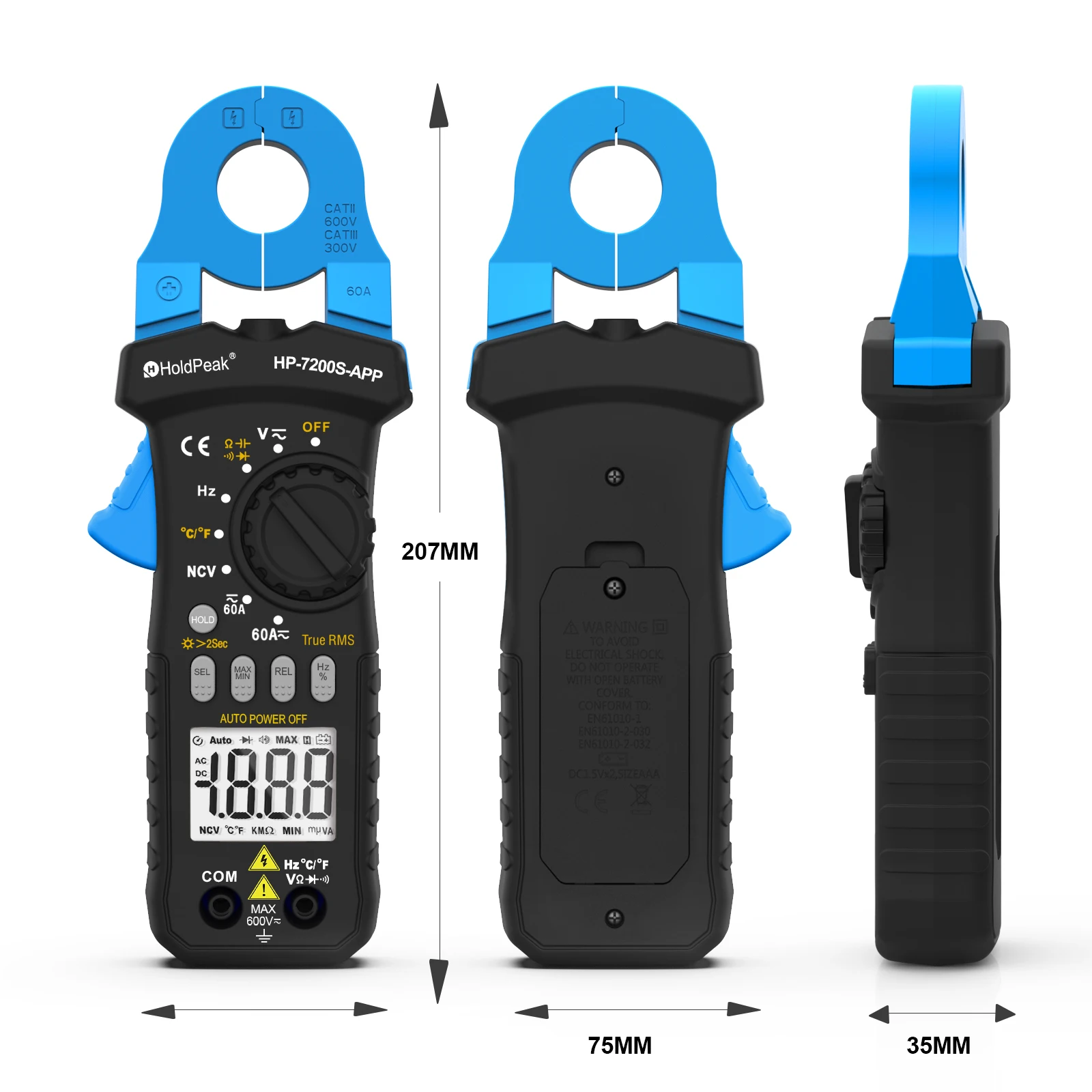 Digital Clamp Meters,Multimeter AC/DC Voltage Current Resistance Capacitance NCV Bluetooth APP CAT III 300V Lightweight