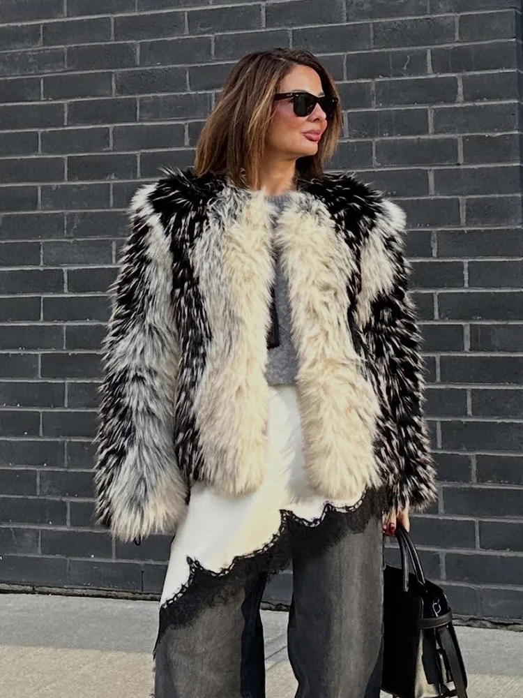 HH Women Faux Fur Effect Short Coat Winter O-Neck Long Sleeve Warm Outwear Female Hidden Buckle Multicolor Casual Fashion Jacket - 5