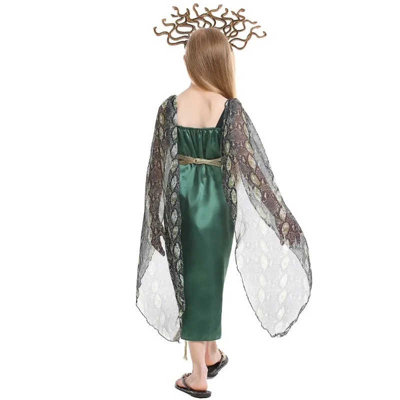 Girls Greek Mythology Gorgon Medusa Cosplay Costume Medusa Green Split Long Dress Costumes Party Halloween Costume