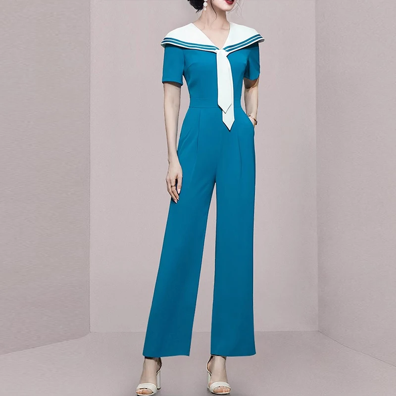 

Women Jumpsuit Fashion Solid Color Naval style V Neck Short Sleeve Height Waist Casual With Pockets Wide Leg Pants Romper