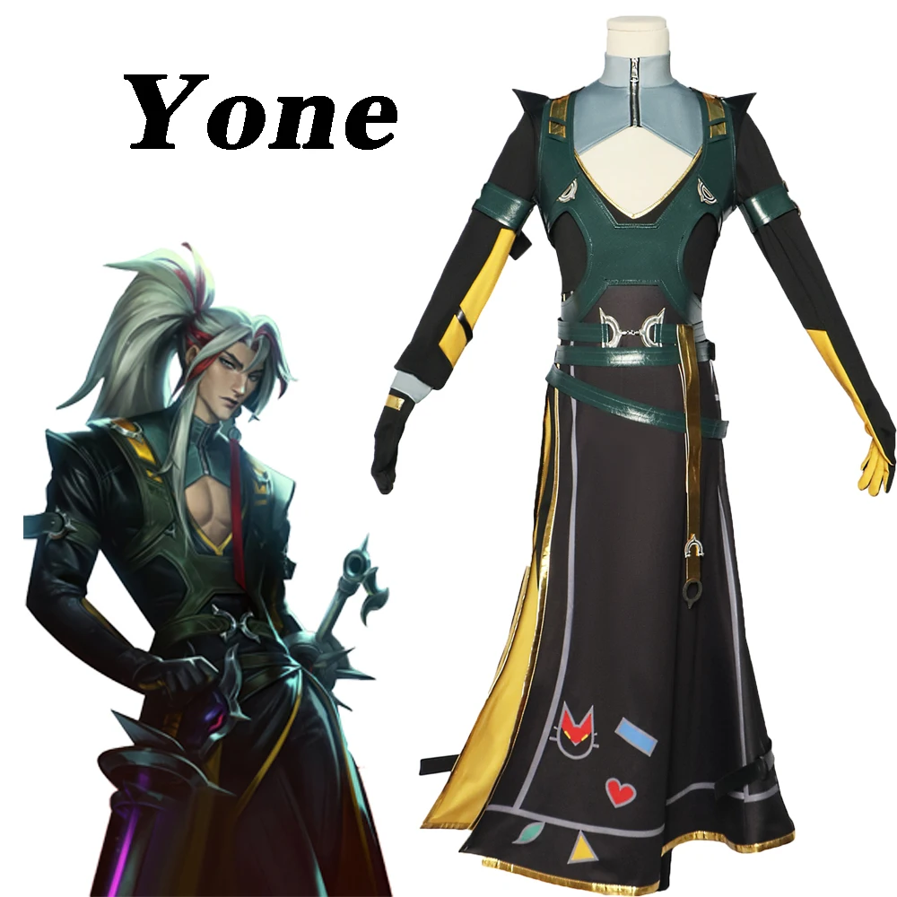 

Костюм для косплея Yone из игры сердцебиения стальная, костюм для взрослых, Мужской Топ, пальто, брюки, жилет, перчатка, искусственная одежда, аксессуар для Хэллоуина