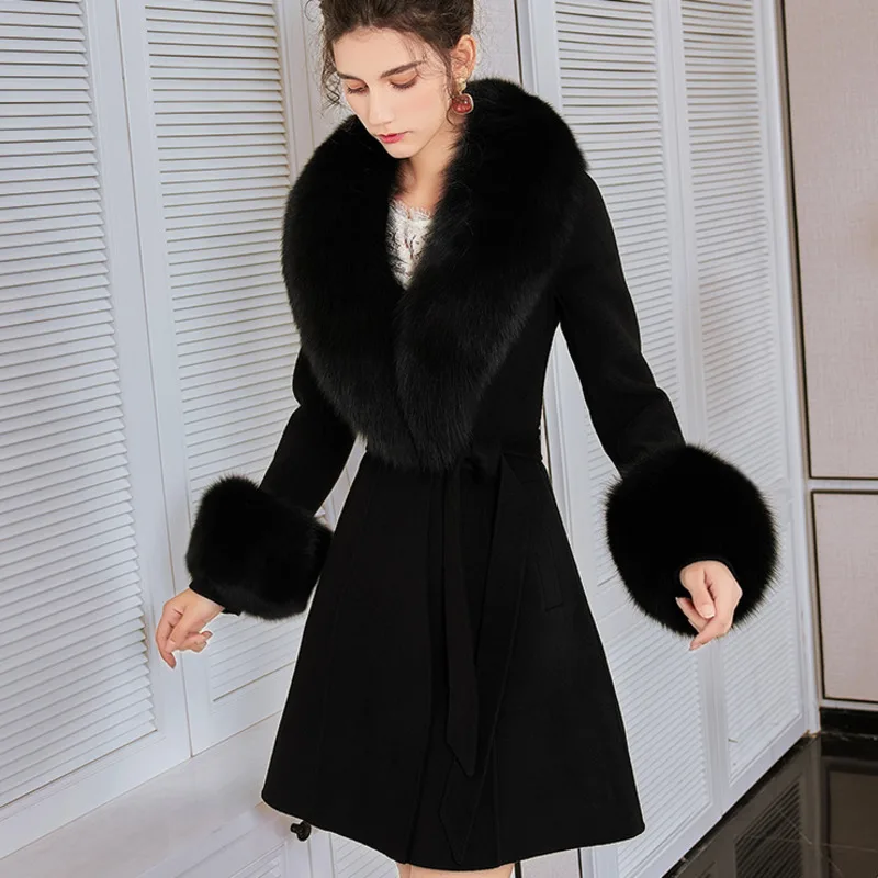 Fox Fur Collar Cashmere Coat For Woman Medium Long With Big Fox Fur Collar And Cuffs  Luxury Pure Wool Coat Lady Cashmere Coat