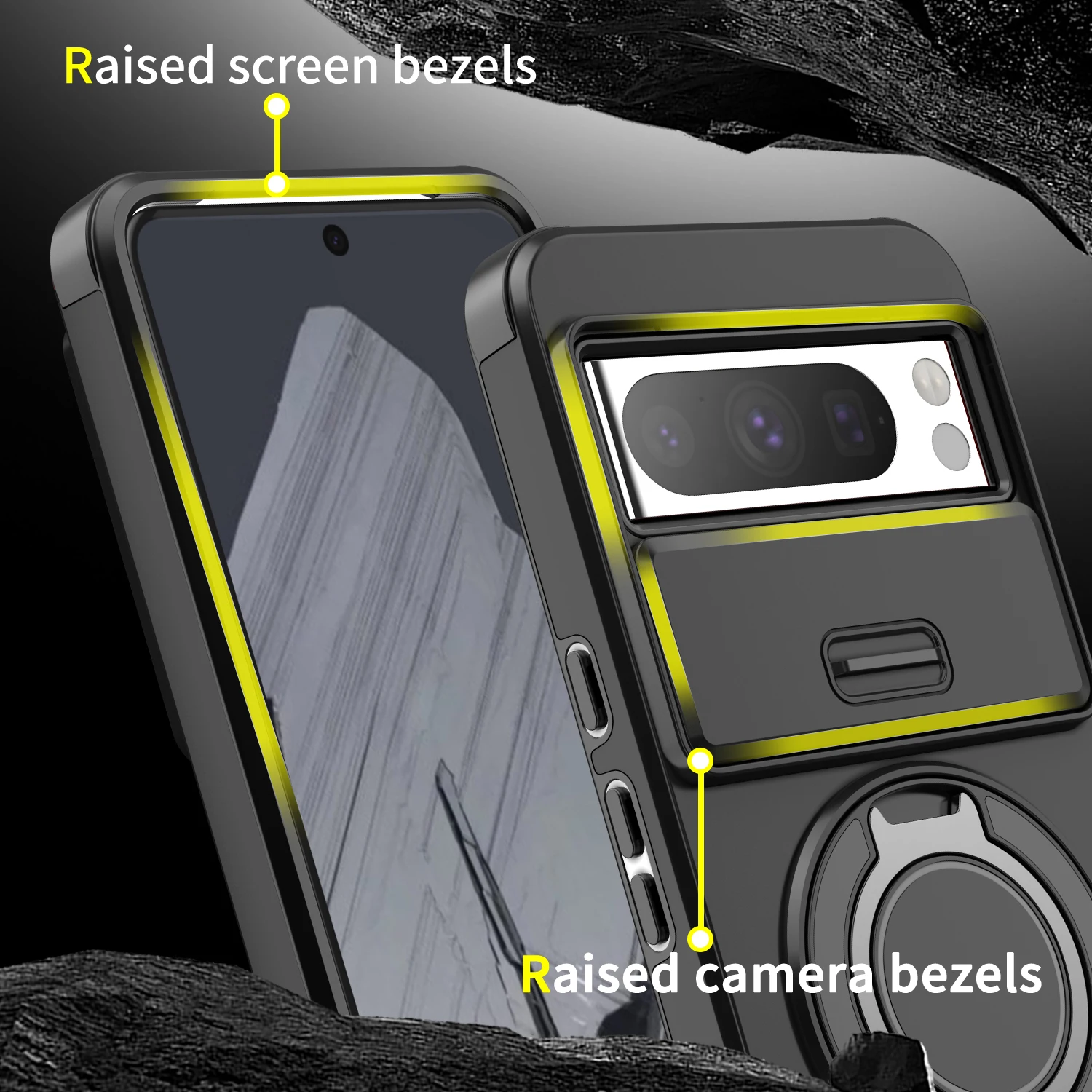 Shockproof Hybrid Dual Layer Magnetic Ring Stand Case with Slide Camera Lens Protection