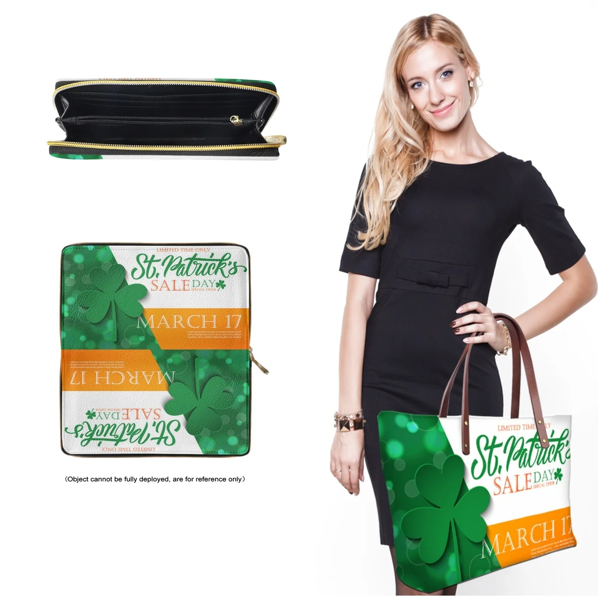 FORUDESIGNS Versatile Large Capacity Tote Wallet Combo Irish Flag Shamrock Bucket Bag Leather Wallet Ladies Easter Gift