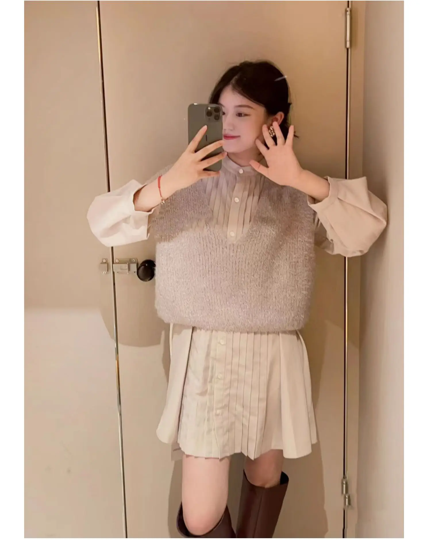 Japanese Style Sweet Solid Color Women's Suit 2023 Autumn Winter Off-Shoulder Pleated Puff Sleeve Blouse Knitted Vest Suit