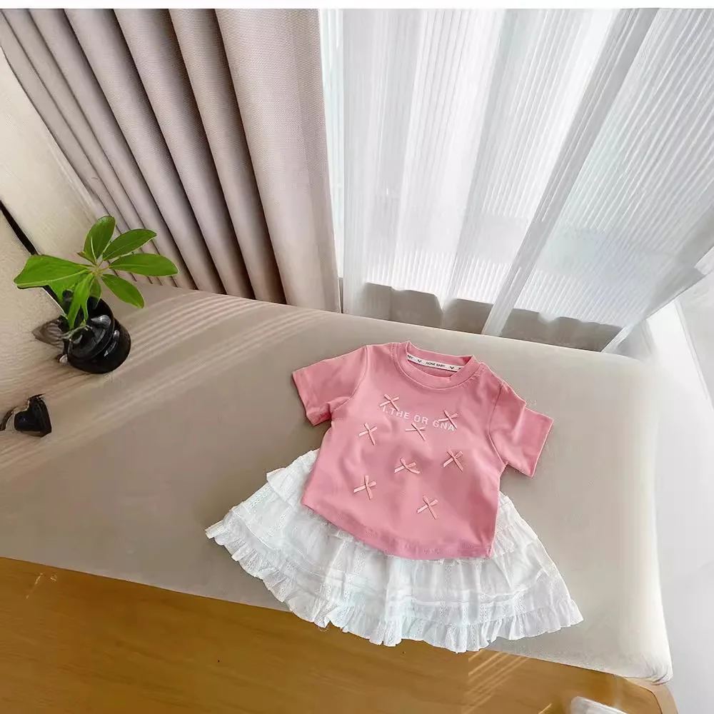 

Summer Korean 2-7 Year Kid Girl 2PCS Clothes Set Lace Pink Bow Letter Print Stretch Tees Cotton Skirt Suit Children Girl Outfits