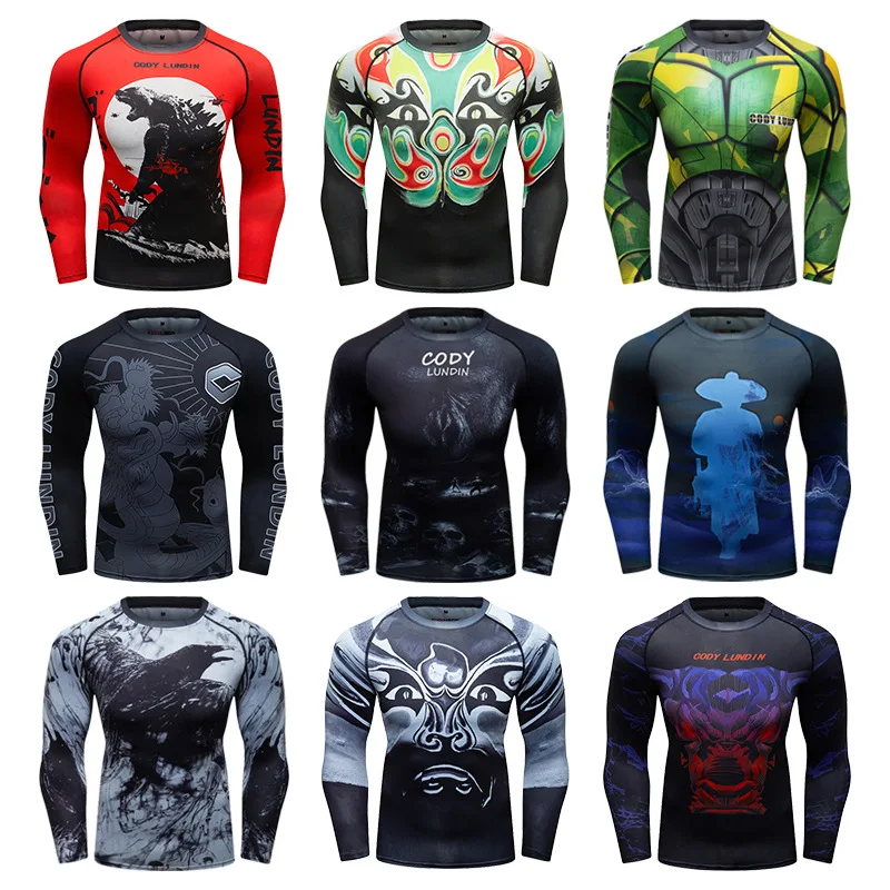 Mens BJJ MMA Rash Guard T-shirt Fitness Sport Compression T-shirts Boxing Jerseys Gym High-elasticity Workout T Shirts