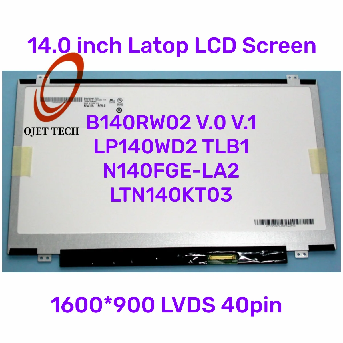 Painel Lcd para o Portátil 40pin B140rw02 V.0 V.1 Lp140wd2 Tlb1 N140fge-la2 Ltn140kt03 1600x900 Lvds