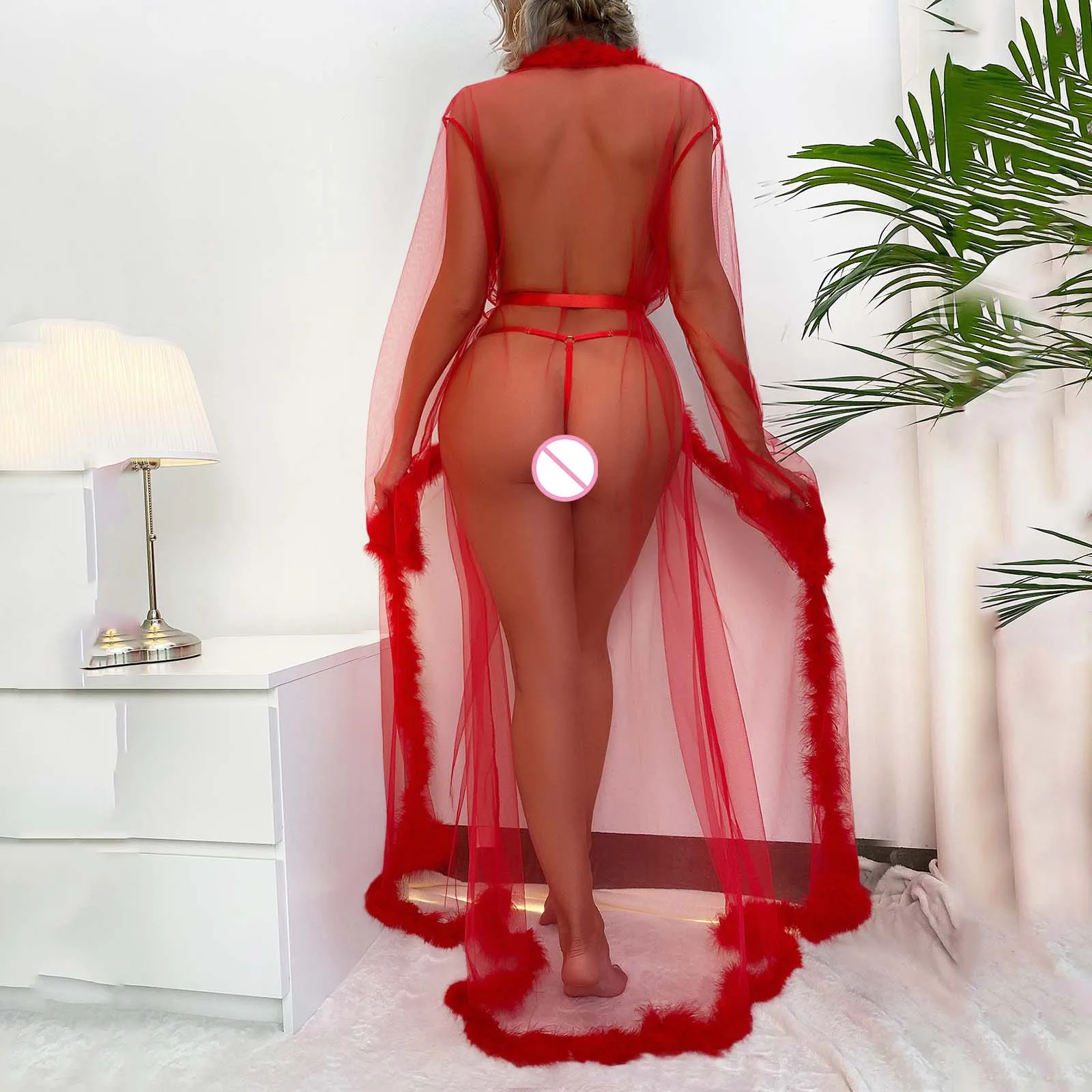 Women Robe Long Nightgown Bathrobe Sleepwear Feather Bridal Robe Lace Lingerie Night Wear Bathrobes Mesh Valentines Lingerie women dress women sleepwear bride robes
