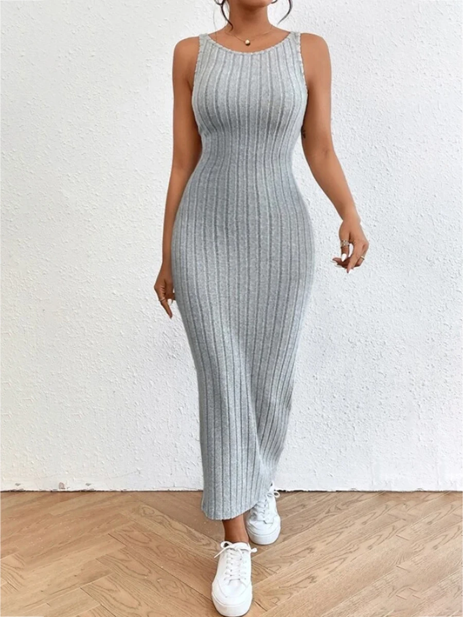 

Summer Knitted Elegant Tank Midi Dress Women Slim Stretch Bodycon Office Lady Outfits Female Sexy Backless Long Dress Vestidos