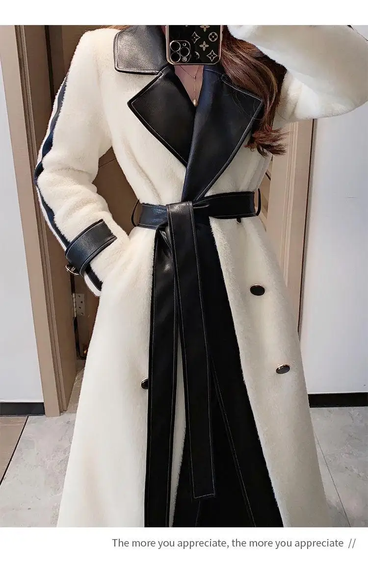 Autumn Winter Chic Woolen Coat Women Patchwork Long Jackets with Belt Lapel Korean Fashion Female Outerwear New Soft Overcoat