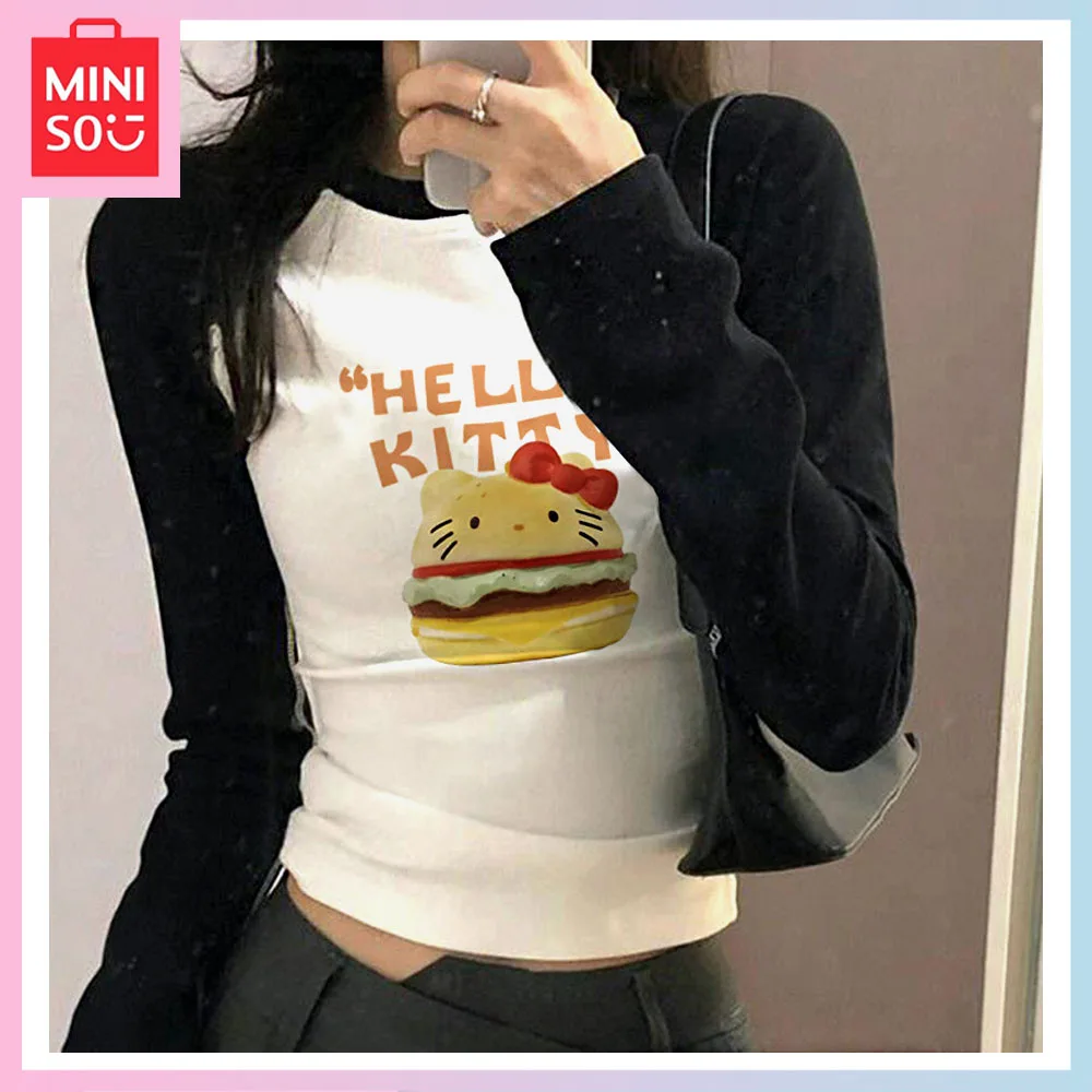

Miniso Hello Kitty Fashion Hottie Crew Neck Top Spring Autumn New Slim Fit Long Sleeve T Shirt Girl Birthday Christmas Gift