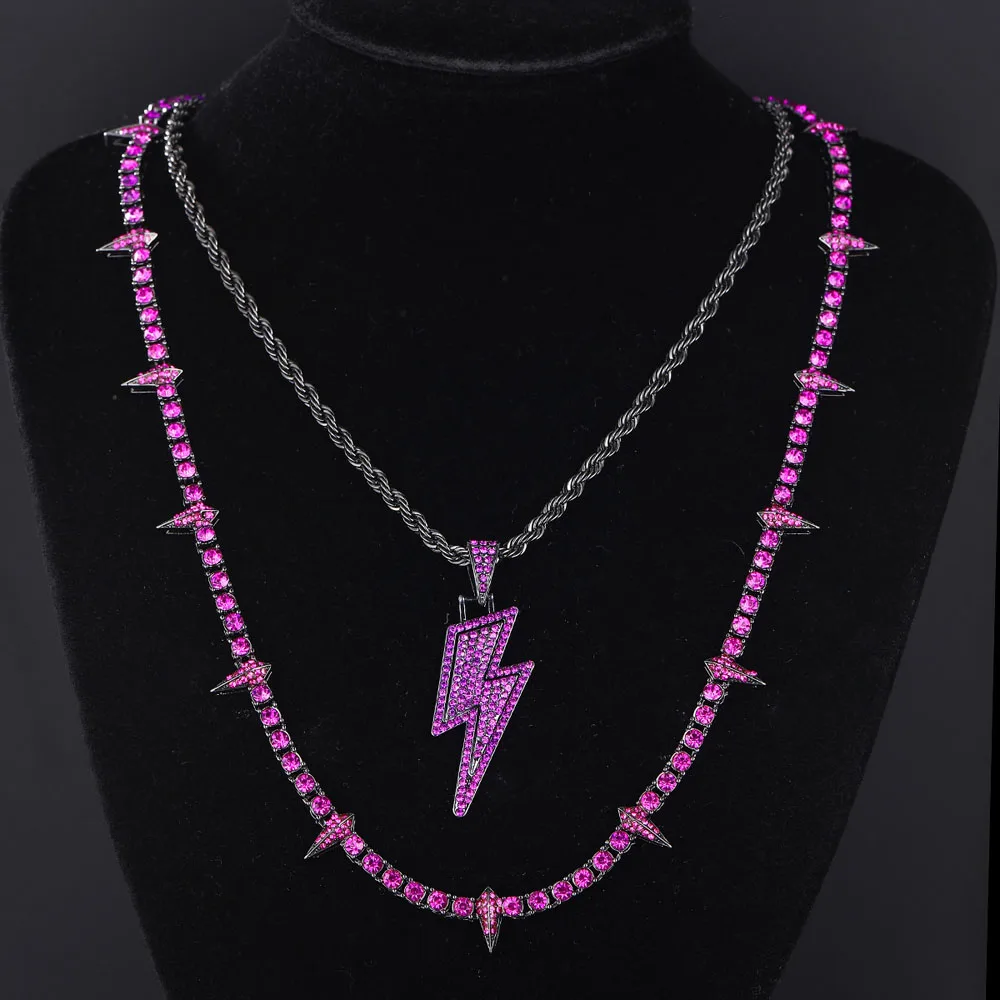 Hip Hop Lightning Pendant Dark Purple Iced Out CZ Tennis Chain Necklace Black Panther Rock Rivet Wolf Tooth Necklace Men Jewelry