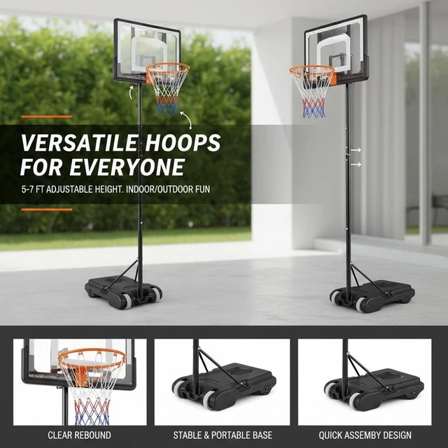 Basketball Hoop, 5-7 ft Adjustable Height Portable Backboard System, 32 inch Basketball Hoop & Goal, Kids & Adults Basketball Set with Wheels, Stand, and Fillable Base, for Outdoor/Indoor