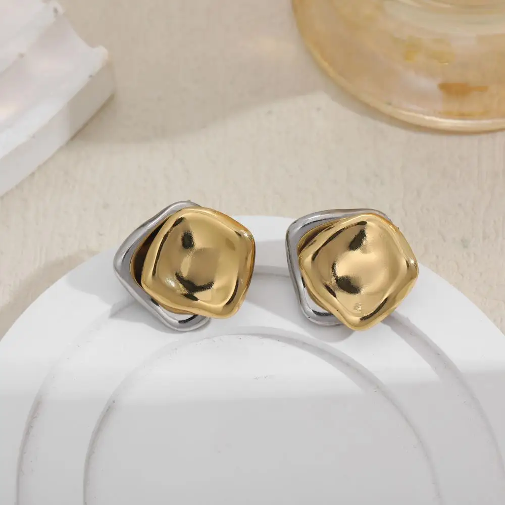 Creative Double Square Two-color Stud Earrings Stainless Steel 18K Gold Plated Statement Earring Thick Polished Chic Jewelry New