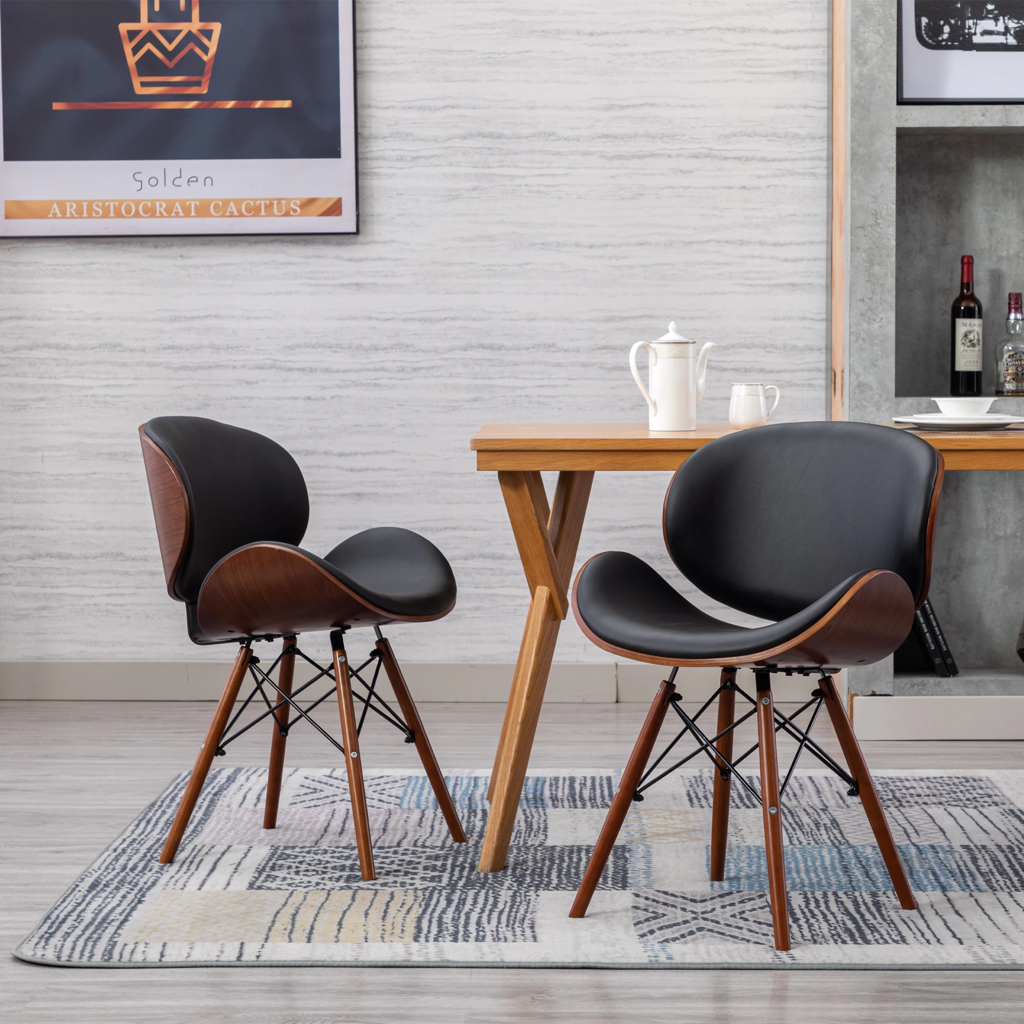 

Set of 2 Mid Century Modern Accent Chairs Dining Chair， Upholstered Faux Leather Walnut Curved Back Contemporary Dining Kitchen