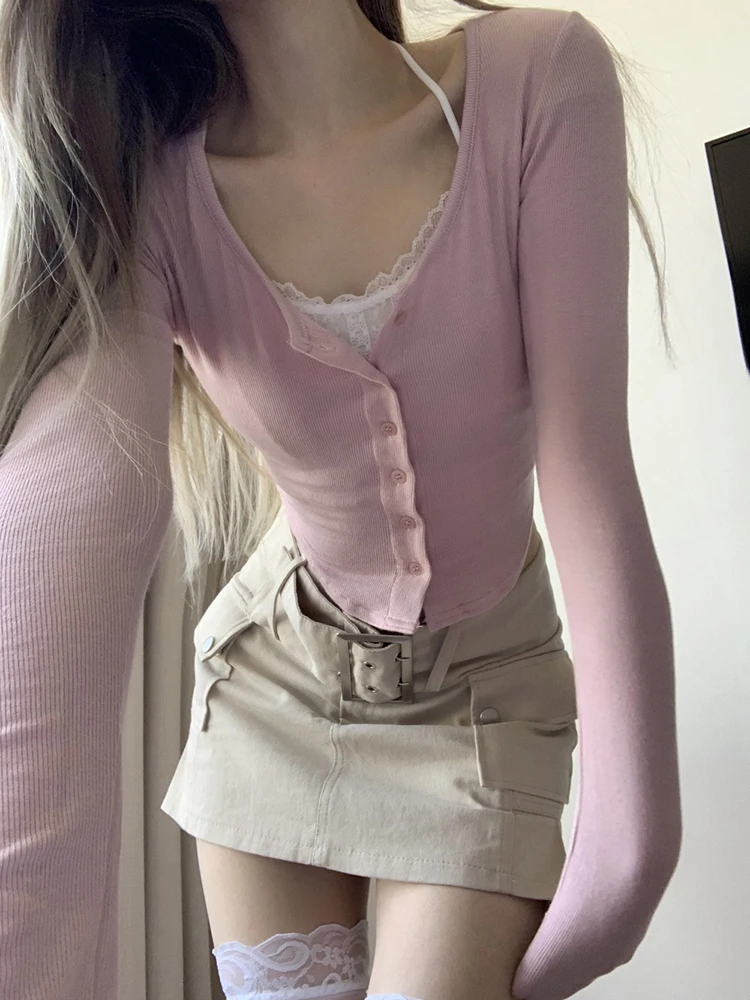 Rapcopter y2k 레이스 핑크 크롭탑 버튼, 풀 슬리브 그런지, 파리코어, 귀여운 티, 여성 하라주쿠, 한국 빈티지, 시크한 풀오버, 가을