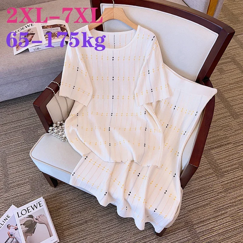 

2023 Summer High Fashion Ice Silk Dress Set 150kg Big Size Women Short Sleeve Tees + Slimming Skirt 2 Piece Sets Womens Outfits