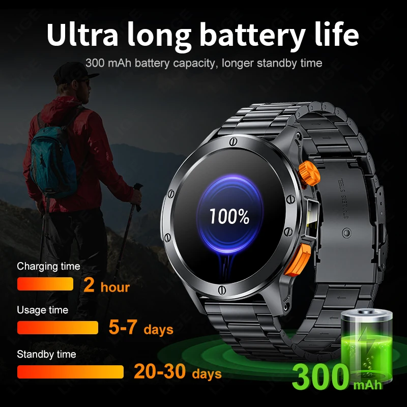 LIGE Men SmartWatch With LED Flashlight 100+ Sports Mode Voice Assistant Waterproof Watches Bluetooth calling Smart Watches 2025