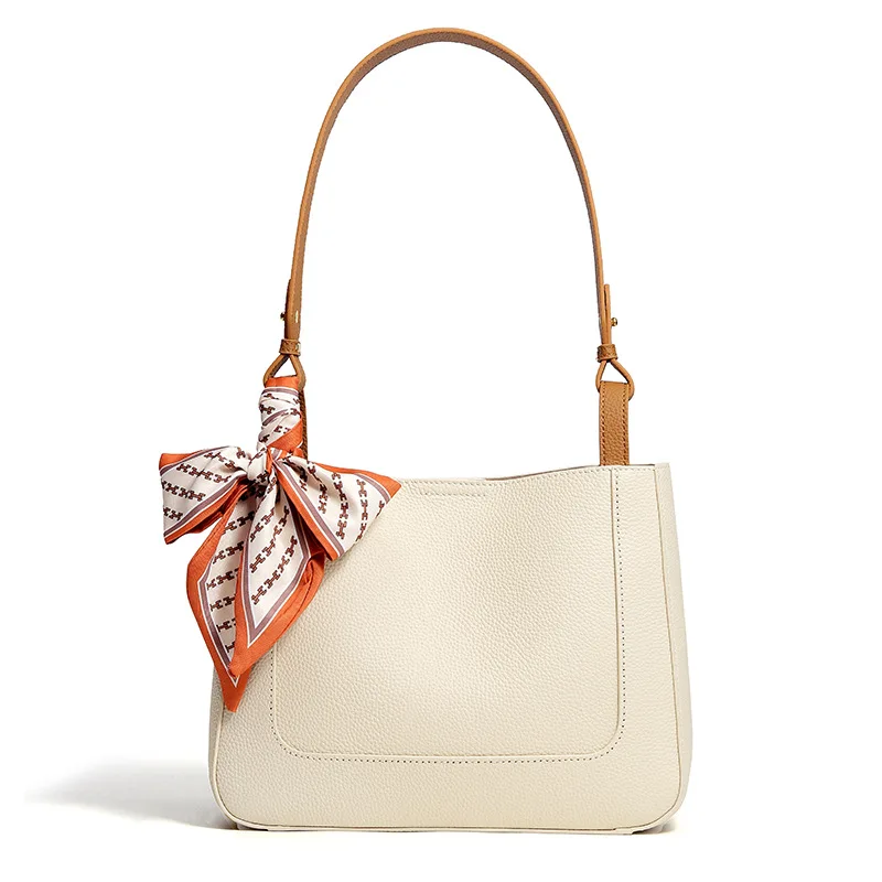 

Casual Ladies Shoulder Bags with 100% Genuine Soft Cow Leather Beige Adjustable Large Tote Women's Handbags Silk Scarf Design