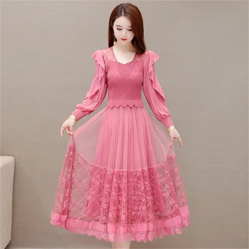 High Quality Fashion Dress Pink 2023 Spring and Autumn Women's Long Sleeve New Popular Black French Mesh Lace Long Dress Elastic