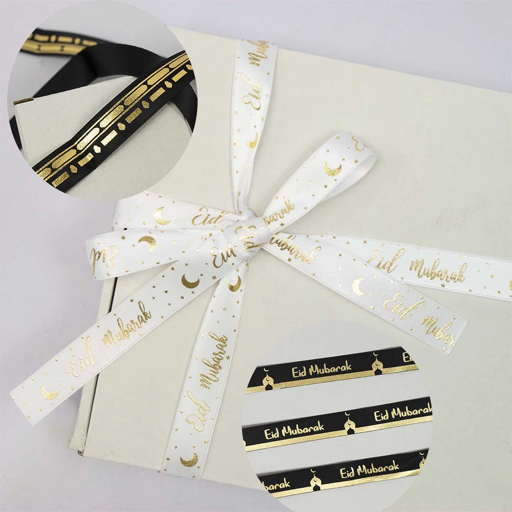 1 Rolle Eid Mubarak Hajj Umrah Band, 2M Elegantes goldenes Mond-Stern-Muster Ramadan Eid Al-Fitr Stoff-Bastelband, Geschenkdekoration