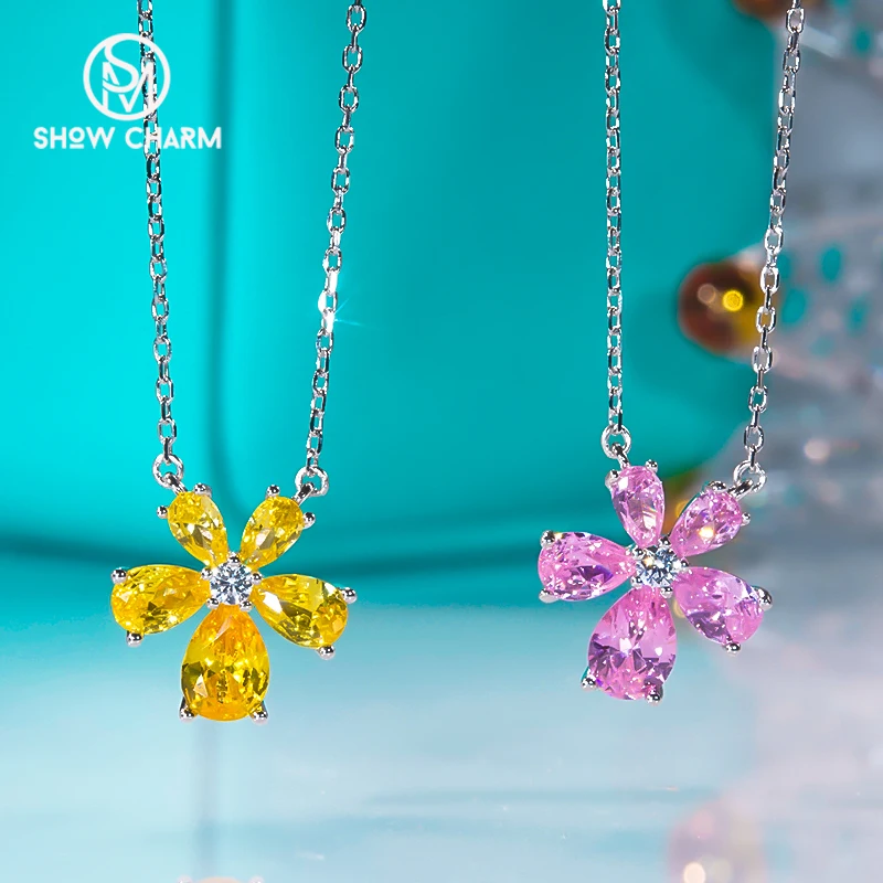 

S925 Sterling Silver Platinum Plated Flower Petals Pendants Necklace Cubic Zirconia Clavicle Chain for Women Fine Jewelry Summer