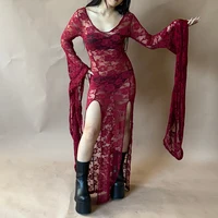 E-girl Goth Punk moulante robe à bretelles femmes pure dentelle robe Maxi chauve-souris à manches longues Y2k fée Grunge voir à travers la robe fluide fendue 4