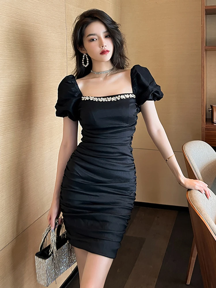 Summer Women Mini Dress Elegant Classic Simple Black White Solid Puff Short  Sleeve High Waist A-line Gown Office Party Vestidos - AliExpress