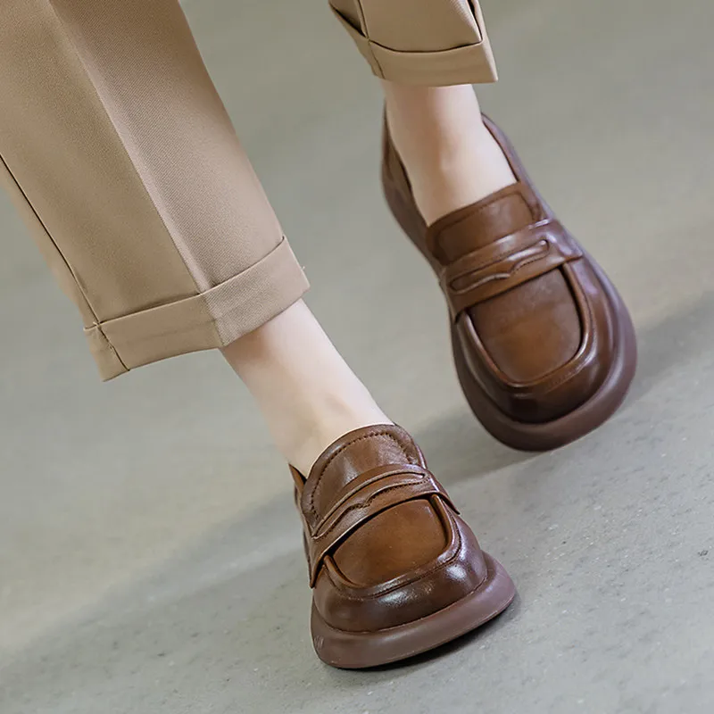 Loafers Women's Flat 2023 New Genuine Leather Vintage Handmade Women's Single Shoes British Style Comfortable Women's Shoes