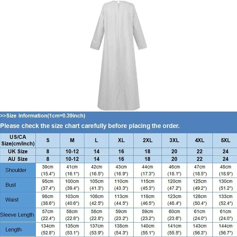 New Female Muslim Long-sleeved Robe Cotton and Linen Striped Round Tie Pocket Long Skirt Casual Loose Street Women's Dress