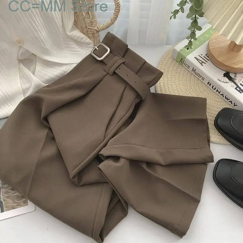 New Women Pants Suit Office Spring Summer Korean Fashion Wide Leg Ankle-Length Pants Belt High Waist Pants Streetwear