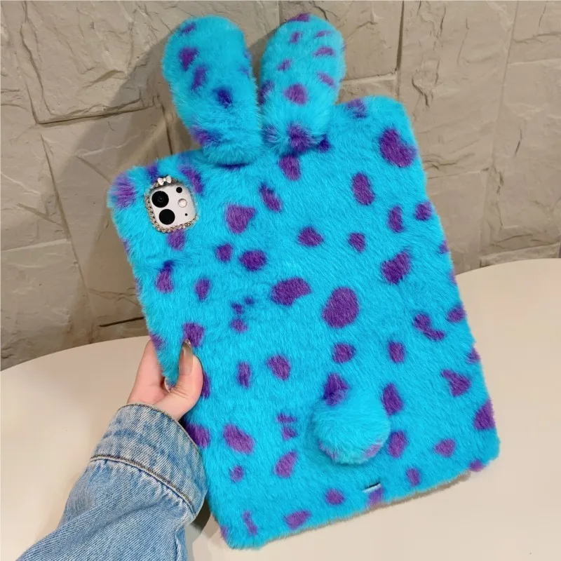 Adorable Fluffy Leopard Bunny Tablet Case with Pen Holder Cover