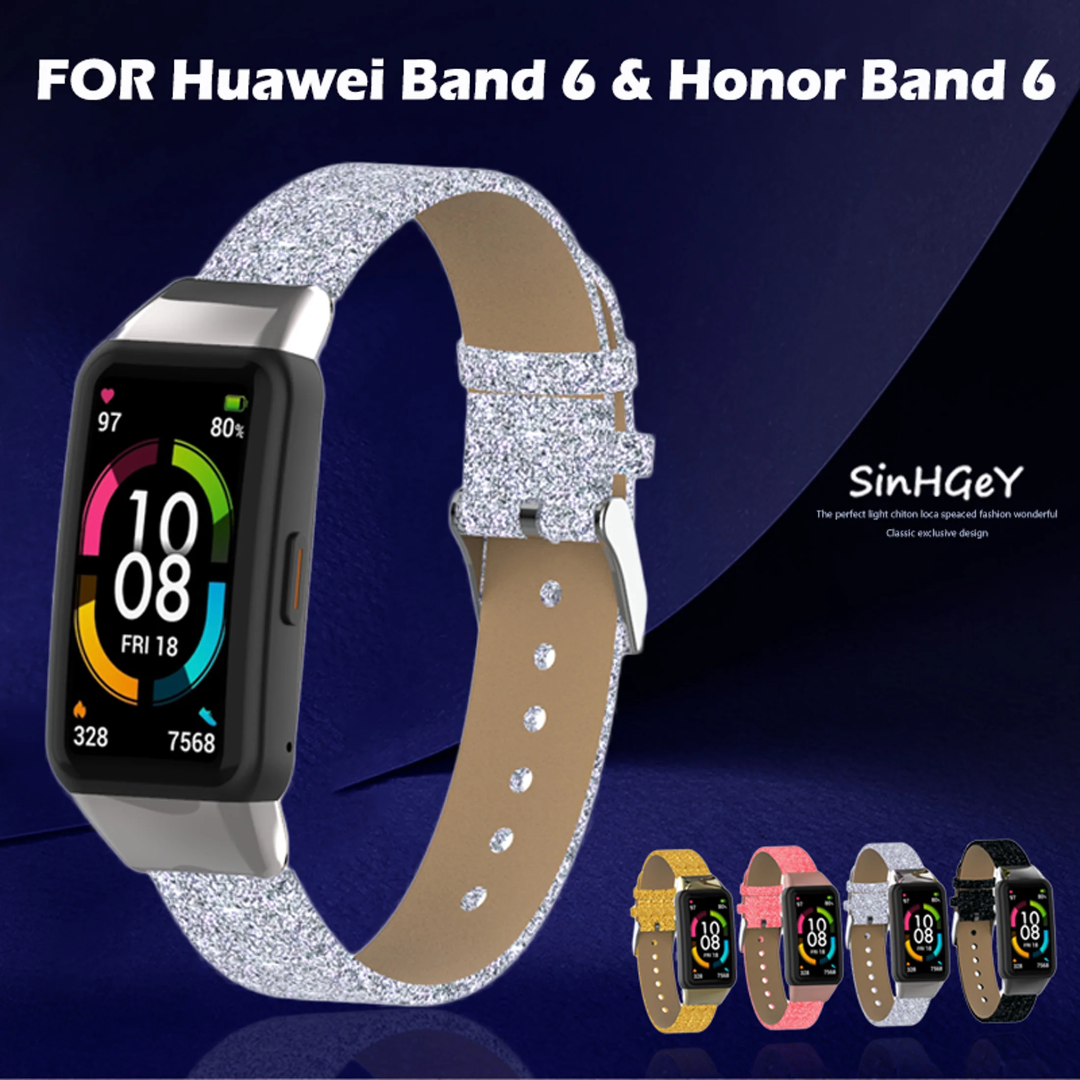 

Leather Strap For Huawei Band 6 Honor Band 6 Fashion Shiny Leather Strap Printing Replacement Wristband Huawei Band 6