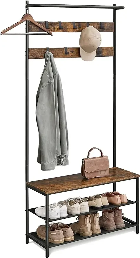 

Coat Rack with Shoe Storage, Hall Tree,Coat Stand with Shoe Bench for Hallway, 9 Movable Hooks, Top Bar, 12.7 x 33 x 35.2 Inches