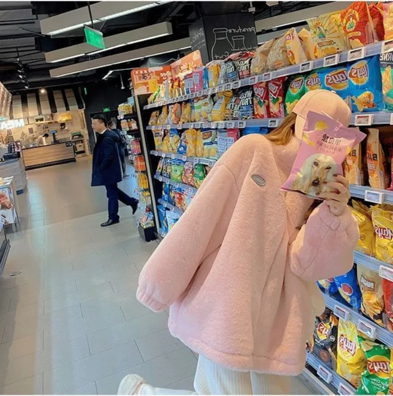 2023 Winter Fleece Fluffy Women's Jacket Streetwear Harajuku Solid Coat Korean Style Clothes Oversize Pink Designer Plush Jacket