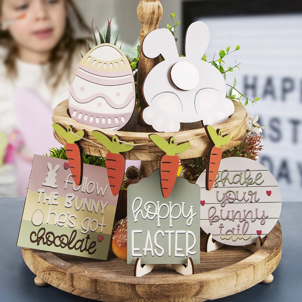 

Easter Tiered Tray Decor Bunny Rabbits Eggs Wooden Sign Decorative Trays Signs for Rustic Farmhouse Spring Easter Decor
