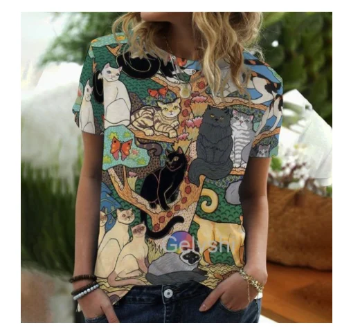 

2024 oversized women's retro women's T-shirt cartoon cat Harajuku clothing casual short sleeved T-shirt summer loose streetwear