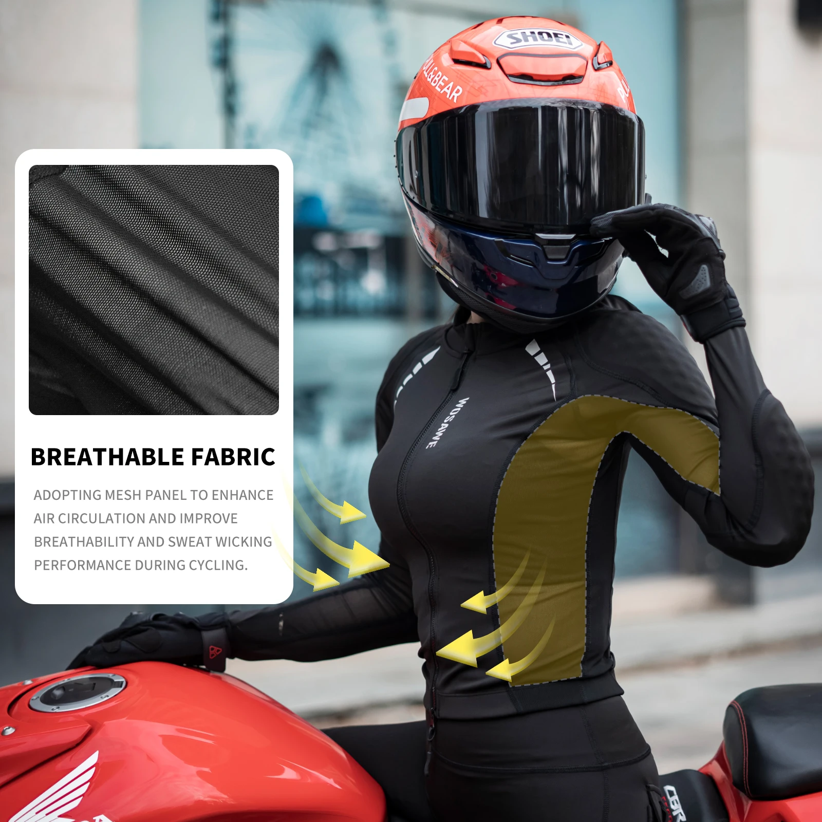 WOSAWE 여름 여성용 오토바이 스타일 재킷 메쉬 통기성 의류 모토크로스 바이커 셔츠 (등, 어깨, 팔꿈치 보호대 포함)